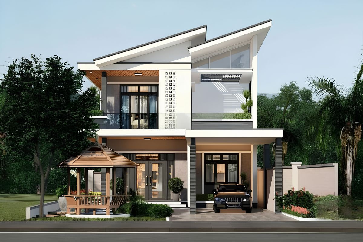 Mẫu biệt thự 2 tầng mặt tiền 7m đẹp & báo giá chi tiết 2026 18 Mái lệch là lựa chọn dành cho những gia chủ muốn tạo dấu ấn khác biệt cho công trình(Ảnh: Sưu tầm)