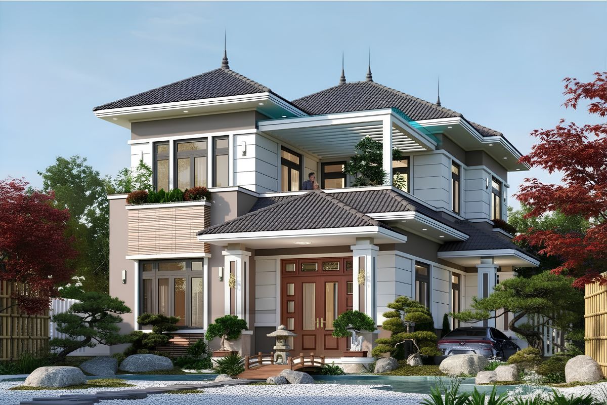 Mẫu biệt thự 2 tầng mặt tiền 7m đẹp & báo giá chi tiết 2026 34 Khoảng sân vườn đóng vai trò như lớp đệm cảnh quan giúp điều hòa vi khí hậu hiệu quả (Ảnh: Sưu tầm)