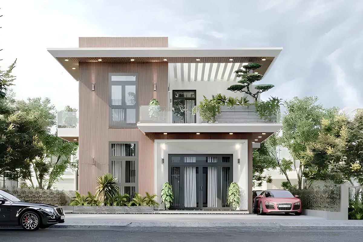 Mẫu biệt thự 2 tầng mặt tiền 8m đẹp sang trọng & xu hướng 2026 (kèm báo giá) 5 Sự kết hợp giữa kính, đá và vật liệu hiện đại góp phần nâng cao giá trị thẩm mỹ cho biệt thự 2 tầng mặt tiền 8m (Ảnh: Sưu tầm)