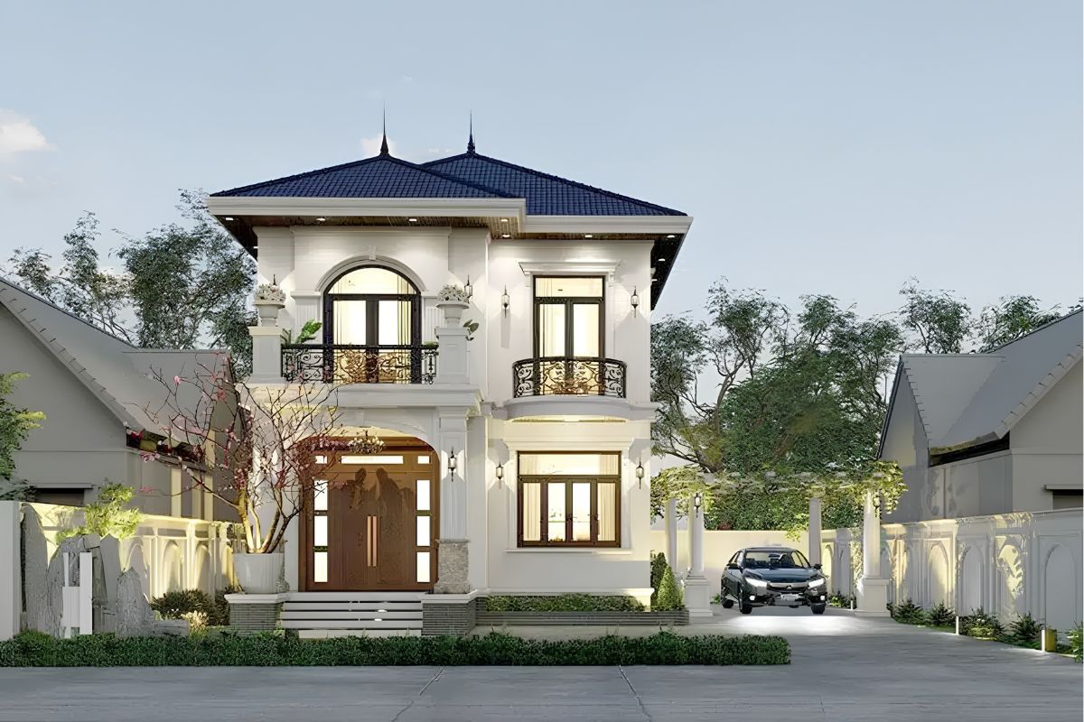 Mẫu biệt thự 2 tầng mặt tiền 8m đẹp sang trọng & xu hướng 2026 (kèm báo giá) 7 Những chi tiết phào chỉ được tiết chế vừa đủ giúp công trình giữ được sự tinh tế và thanh lịch (Ảnh: Sưu tầm)