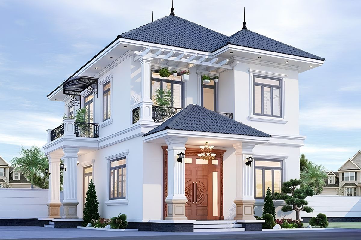 Mẫu biệt thự 2 tầng mặt tiền 8m đẹp sang trọng & xu hướng 2026 (kèm báo giá) 11 Phần mái vươn rộng giúp tăng khả năng che nắng và bảo vệ công trình trước thời tiết khắc nghiệt (Ảnh: Sưu tầm)