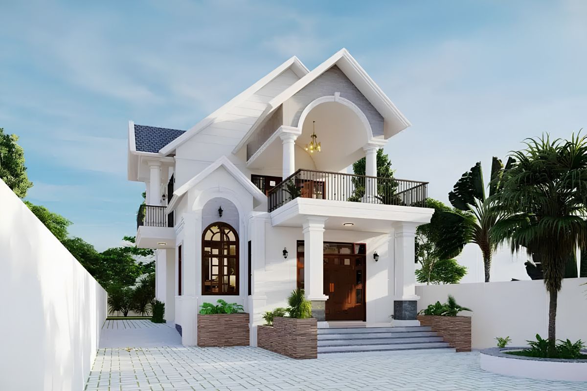 Mẫu biệt thự 2 tầng mặt tiền 8m đẹp sang trọng & xu hướng 2026 (kèm báo giá) 12 Biệt thự 2 tầng mặt tiền 8m mái Thái nổi bật với phần mái cao và những đường nét thanh thoát (Ảnh: Sưu tầm)