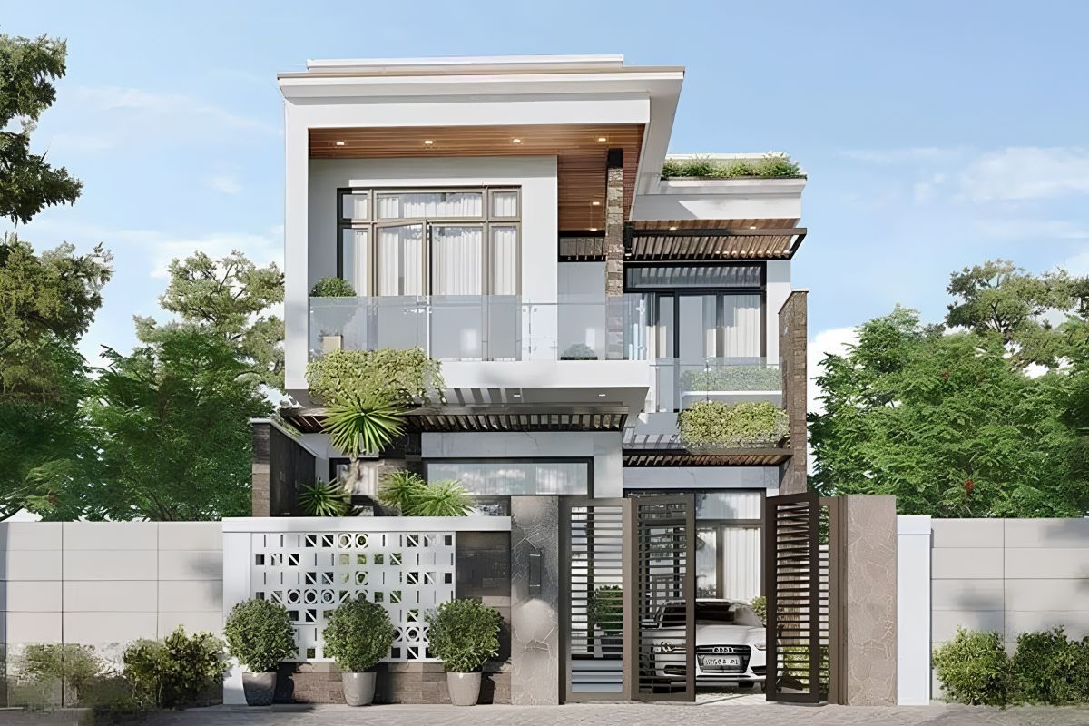 Mẫu biệt thự 2 tầng mặt tiền 8m đẹp sang trọng & xu hướng 2026 (kèm báo giá) 26 Tùy đặc điểm khu đất, gara có thể được bố trí phía trước hoặc bên hông công trình (Ảnh: Sưu tầm)
