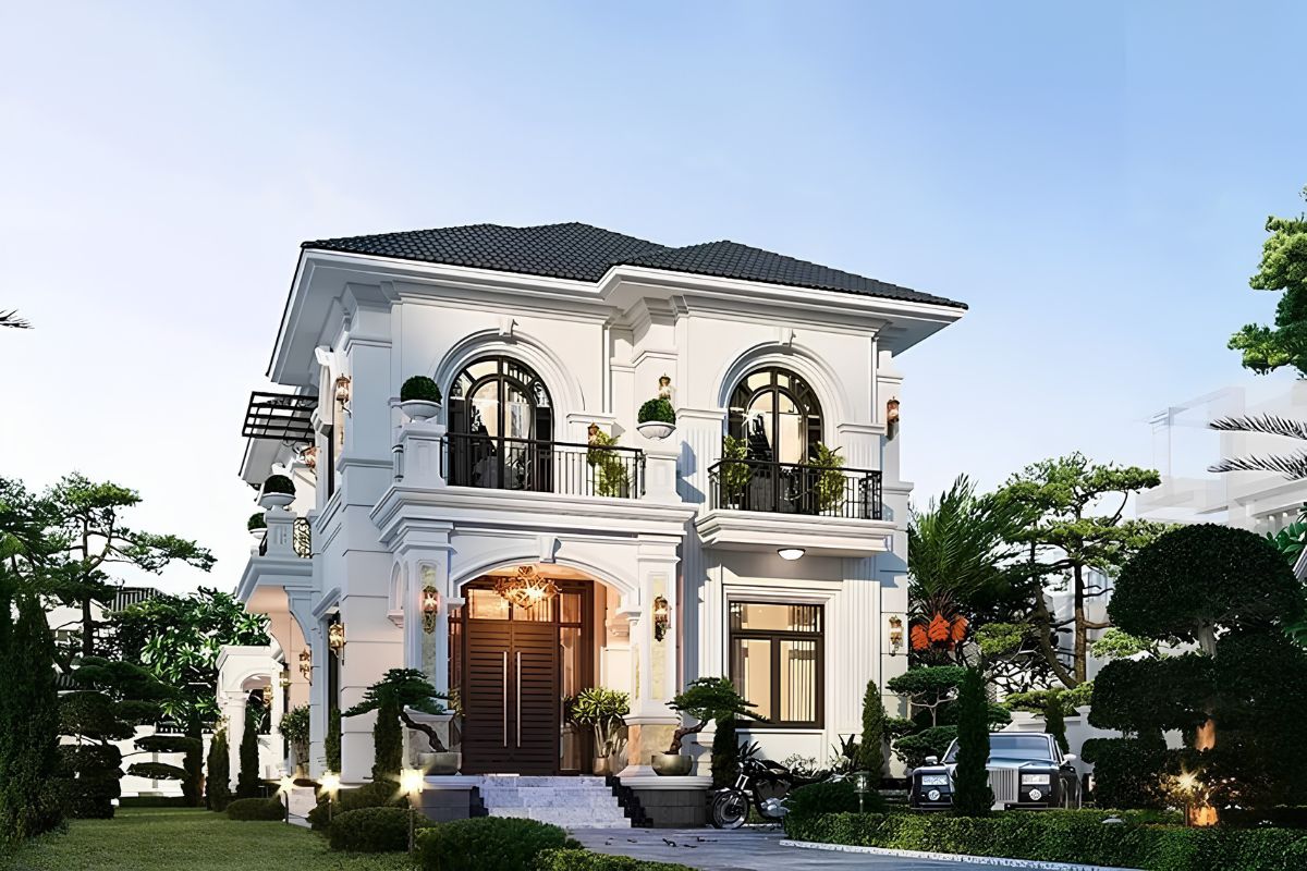 Mẫu biệt thự 2 tầng mặt tiền 8m đẹp sang trọng & xu hướng 2026 (kèm báo giá) 27 Biệt thự 2 tầng mặt tiền 8m có sân vườn mang đến trải nghiệm sống gần gũi với thiên nhiên (Ảnh: Sưu tầm)