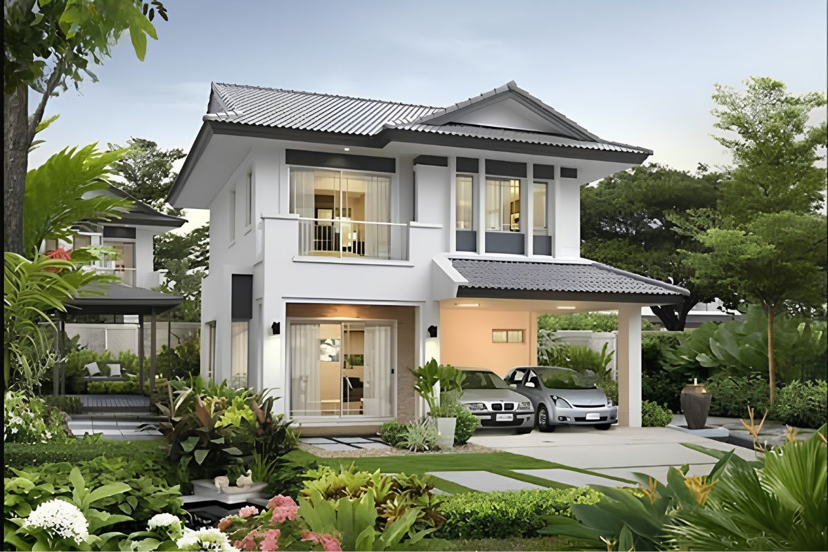 Mẫu biệt thự 2 tầng mặt tiền 8m đẹp sang trọng & xu hướng 2026 (kèm báo giá) 28 Khoảng xanh đóng vai trò như lớp đệm giúp công trình luôn mát mẻ và dễ chịu (Ảnh: Sưu tầm)