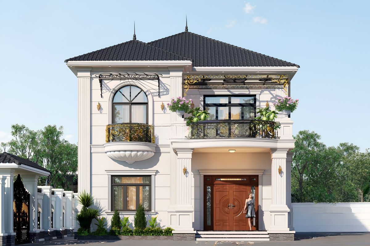 Với chiều ngang lý tưởng, thiết kế biệt thự 2 tầng mặt tiền 9m tân cổ điển dễ dàng tạo nên diện mạo bề thế và nổi bật (Ảnh: Sưu tầm)