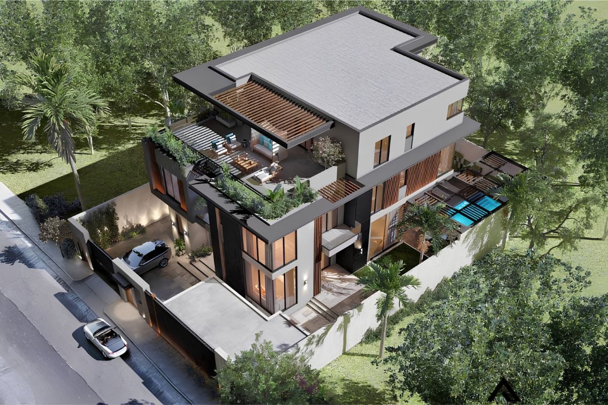 Sự kết hợp giữa hồ bơi và biệt thự 2 tầng có gara mang đến trải nghiệm sống tiện nghi và đẳng cấp hơn (Ảnh: Sưu tầm)