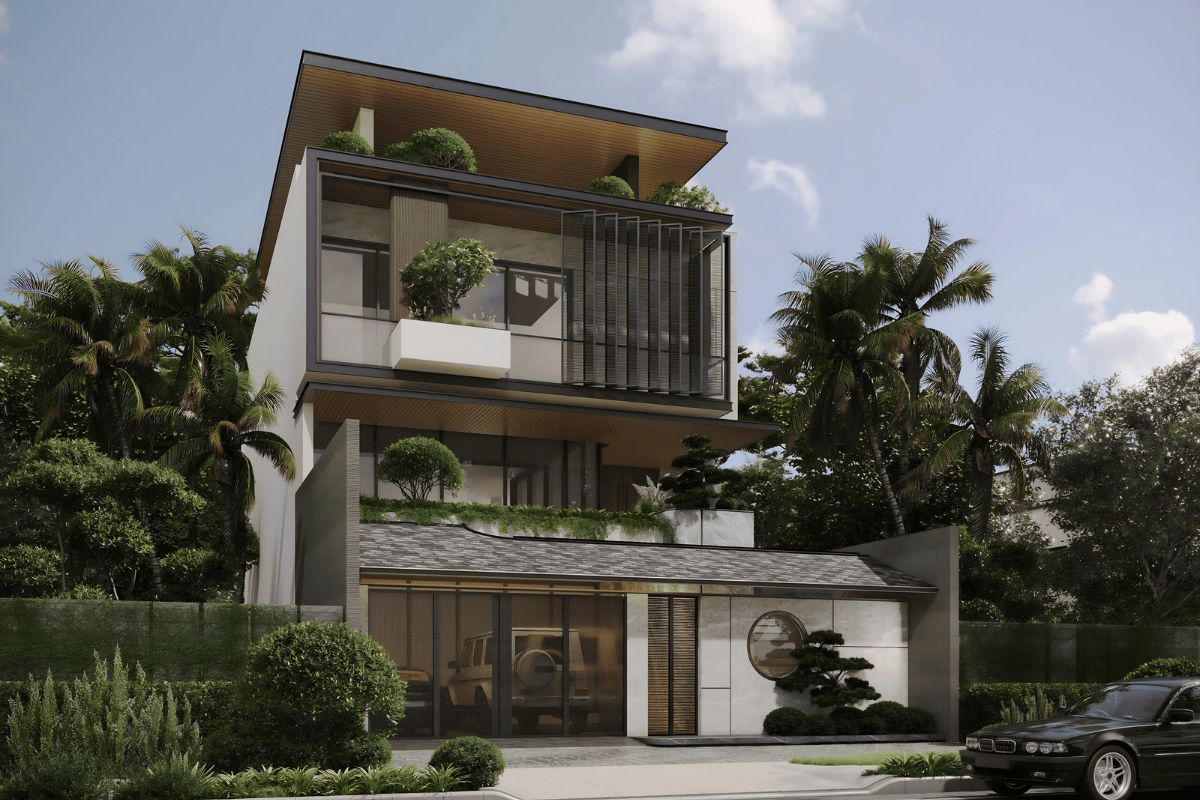 Thiết kế đồng bộ giữa gara và mặt tiền giúp duy trì tính thẩm mỹ cho tổng thể kiến trúc (Ảnh: Sưu tầm)
