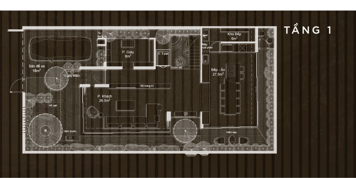 Tầng 1 được tổ chức như trung tâm sinh hoạt chính, kết nối phòng khách, bếp ăn và phòng ngủ cho người lớn tuổi một cách thuận tiện (Ảnh: Sưu tầm)
