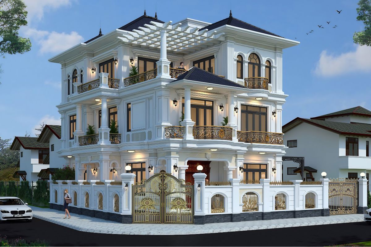 Mẫu biệt thự 3 tầng 2 mặt tiền đẹp nhất 2026 & báo giá tối ưu 6 Biệt thự 3 tầng 2 mặt tiền tân cổ điển tạo dấu ấn bằng hệ cột, phào chỉ và tỷ lệ kiến trúc cân đối (Ảnh: Sưu tầm)