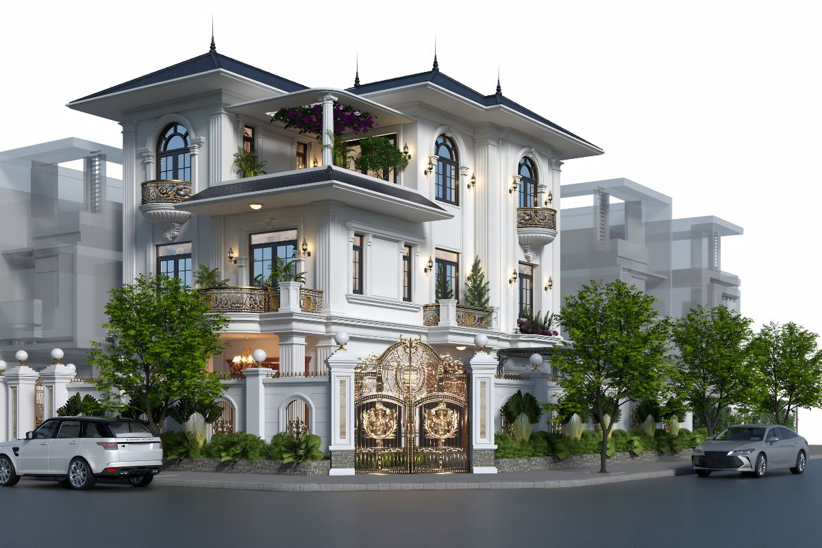 Mẫu biệt thự 3 tầng 2 mặt tiền đẹp nhất 2026 & báo giá tối ưu 7 Hai mặt tiền được xử lý đồng bộ giúp nhà biệt thự 3 tầng 2 mặt tiền tân cổ điển thêm sang trọng và bề thế (Ảnh: Sưu tầm)
