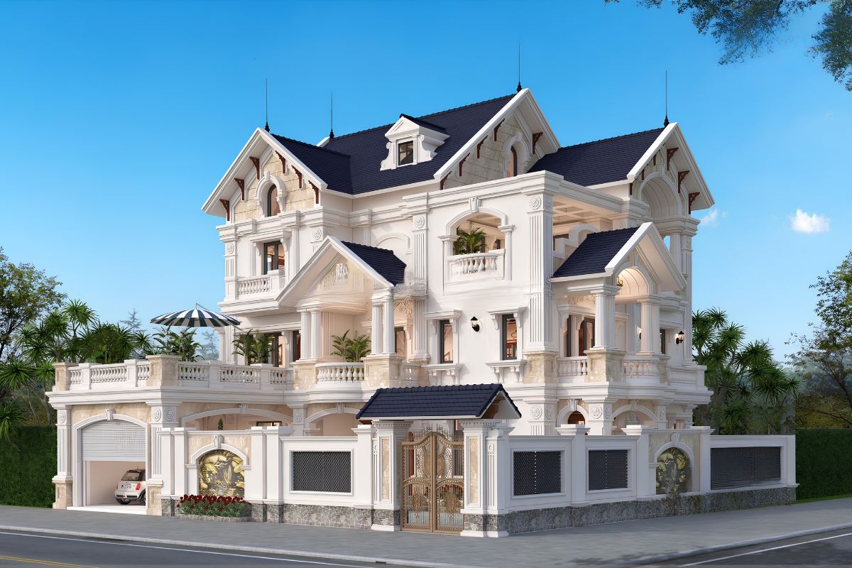 Mẫu biệt thự 3 tầng 2 mặt tiền đẹp nhất 2026 & báo giá tối ưu 16 Hệ mái Thái giật cấp giúp mẫu biệt thự 3 tầng 2 mặt tiền đẹp trở nên sang trọng và cân đối hơn (Ảnh: Sưu tầm)