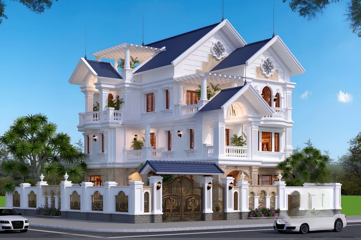 Mẫu biệt thự 3 tầng 2 mặt tiền đẹp nhất 2026 & báo giá tối ưu 17 Nhà biệt thự 3 tầng 2 mặt tiền mái Thái là lựa chọn phù hợp cho gia chủ yêu thích kiến trúc Á Đông hiện đại (Ảnh: Sưu tầm)