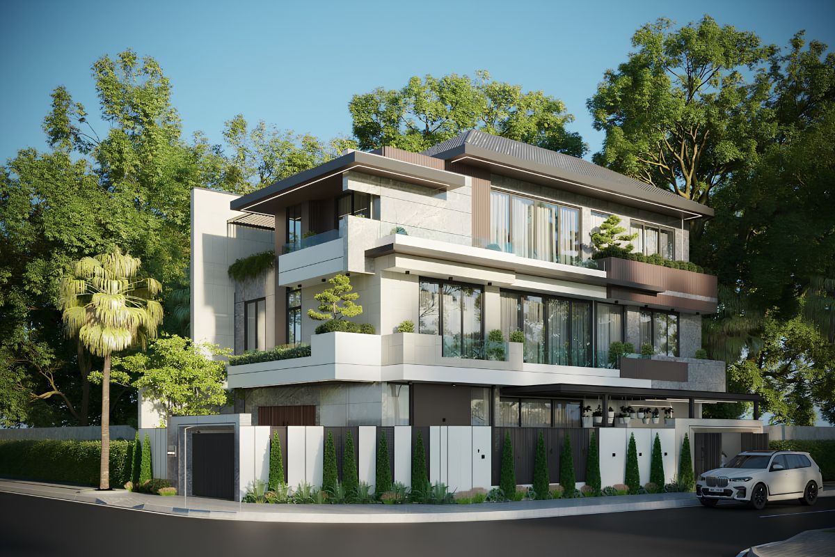 Mẫu biệt thự 3 tầng 2 mặt tiền đẹp nhất 2026 & báo giá tối ưu 18 Biệt thự 3 tầng 2 mặt tiền mái Nhật mang đến vẻ đẹp nhẹ nhàng, cân bằng và tinh tế theo thời gian (Ảnh: Sưu tầm)