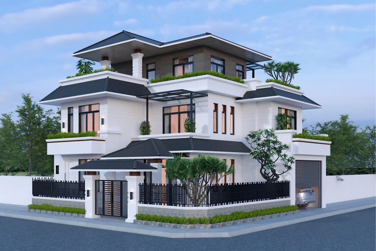 Mẫu biệt thự 3 tầng 2 mặt tiền đẹp nhất 2026 & báo giá tối ưu 19 Kiểu mái Nhật giúp nhà biệt thự 3 tầng 2 mặt tiền hài hòa hơn khi nhìn từ cả mặt chính và mặt bên (Ảnh: Sưu tầm)