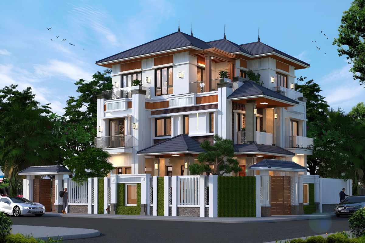 Mẫu biệt thự 3 tầng 2 mặt tiền đẹp nhất 2026 & báo giá tối ưu 20 Mẫu biệt thự 3 tầng 2 mặt tiền đẹp mái Nhật phù hợp với không gian sống thanh lịch, gần gũi và bền vững (Ảnh: Sưu tầm)