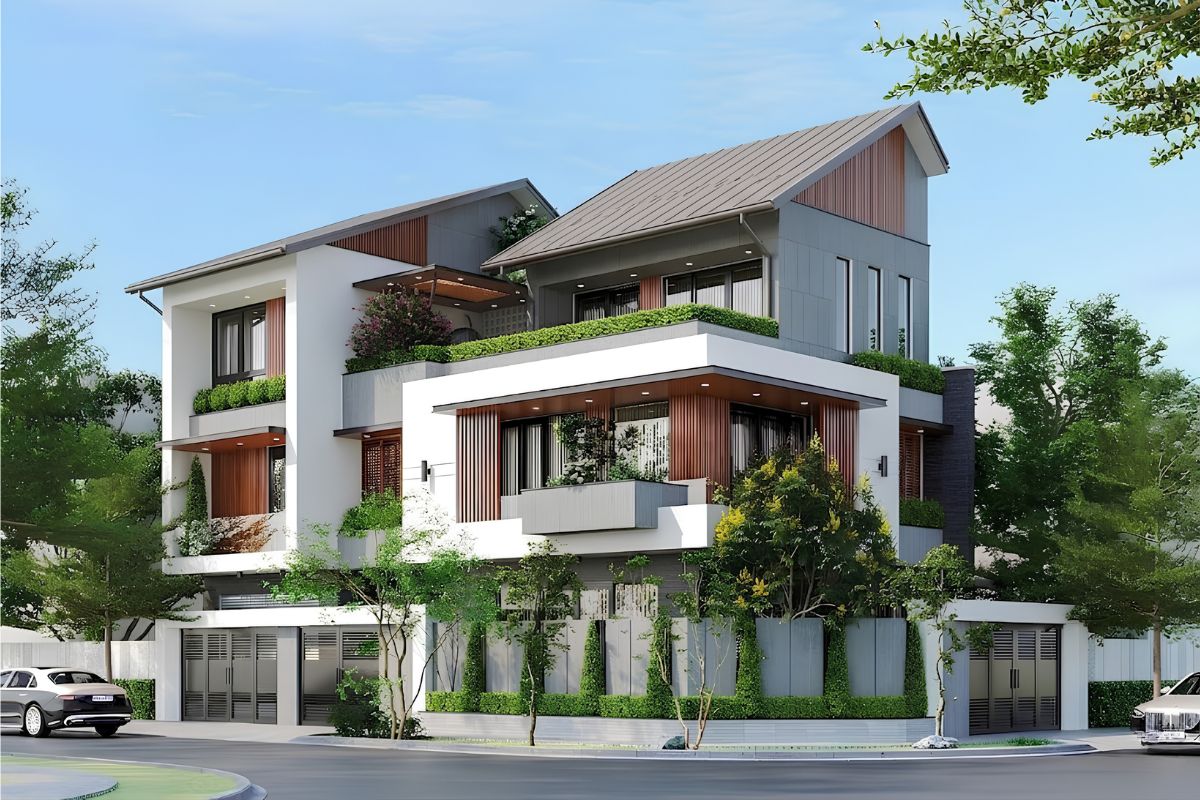 Mẫu biệt thự 3 tầng 2 mặt tiền đẹp nhất 2026 & báo giá tối ưu 26 Thiết kế mái lệch phù hợp với gia chủ muốn mẫu biệt thự 3 tầng 2 mặt tiền đẹp mang dấu ấn cá nhân rõ nét (Ảnh: Sưu tầm)