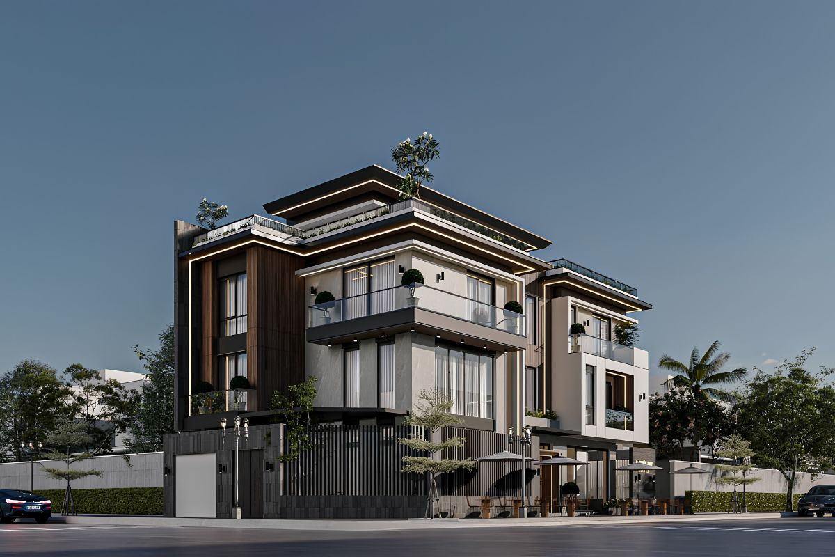 Mẫu biệt thự 3 tầng 2 mặt tiền đẹp nhất 2026 & báo giá tối ưu 29 Mẫu nhà biệt thự 3 tầng 2 mặt tiền kết hợp kinh doanh cần xử lý hài hòa giữa công năng thương mại và không gian sống (Ảnh: Sưu tầm)