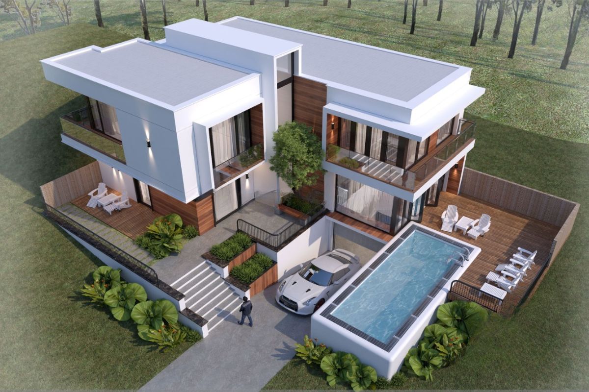 Mẫu biệt thự 2 tầng mái bằng hiện đại đẹp & xu hướng 2026 16 Mẫu biệt thự 2 tầng mái bằng có hồ bơi mang đến không gian sống sang trọng, thư giãn và đậm chất nghỉ dưỡng (Ảnh: Sưu tầm)