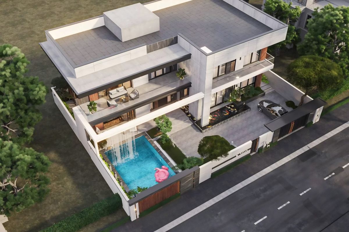 Mẫu biệt thự 2 tầng mái bằng hiện đại đẹp & xu hướng 2026 18 Thiết kế biệt thự 2 tầng mái bằng có hồ bơi cần hài hòa giữa kiến trúc, sân vườn và hướng nắng gió (Ảnh: Sưu tầm)