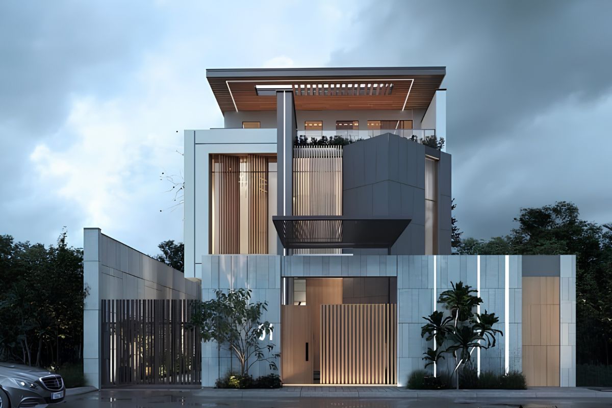 Mẫu biệt thự 2 tầng mái bằng hiện đại đẹp & xu hướng 2026 28 Biệt thự mini 2 tầng mái bằng cho gia đình trẻ đề cao sự gọn gàng, tiết kiệm chi phí và thẩm mỹ hiện đại (Ảnh: Sưu tầm)