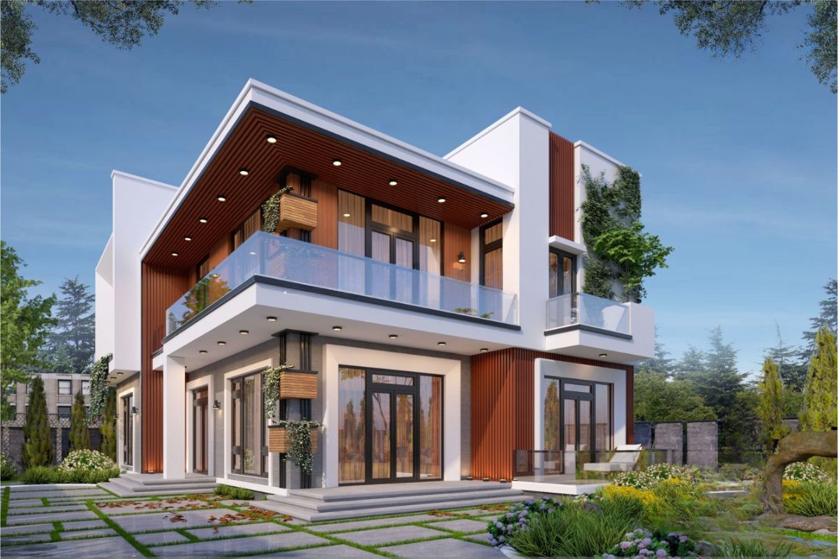 Mẫu biệt thự 2 tầng mái bằng hiện đại đẹp & xu hướng 2026 30 Thiết kế biệt thự 2 tầng mái bằng tối giản là lựa chọn phù hợp cho tổ ấm trẻ trung, tiện dụng (Ảnh: Sưu tầm)