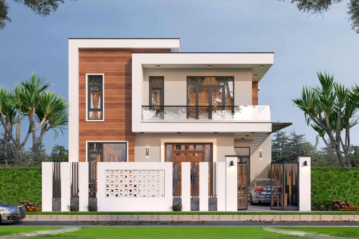 Mẫu biệt thự 2 tầng mái bằng hiện đại đẹp & xu hướng 2026 31 Biệt thự 2 tầng mái bằng mini phù hợp với khu đất nhỏ nhưng vẫn đảm bảo vẻ riêng tư và chỉn chu (Ảnh: Sưu tầm)
