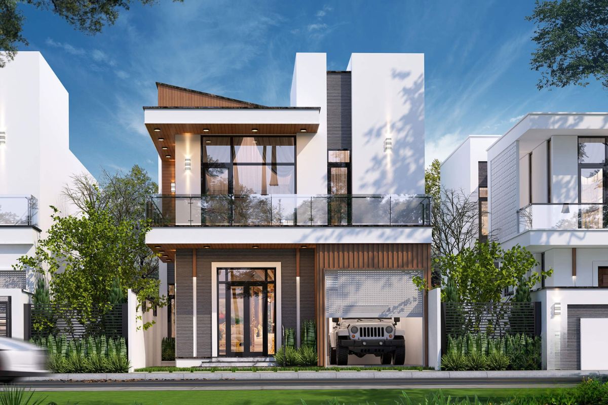 Mẫu biệt thự 2 tầng mái bằng hiện đại đẹp & xu hướng 2026 32 Mẫu biệt thự 2 tầng mái bằng đẹp quy mô nhỏ tạo điểm nhấn bằng mặt tiền gọn, vật liệu bền và cảnh quan xanh (Ảnh: Sưu tầm)