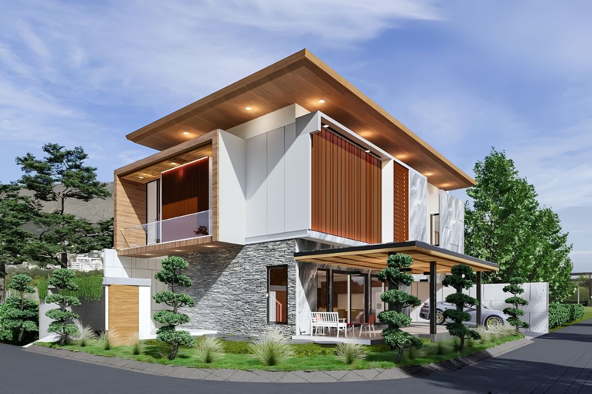 Mẫu biệt thự 2 tầng mái bằng hiện đại đẹp & xu hướng 2026 34 Biệt thự mini 2 tầng mái bằng 2 mặt tiền có lợi thế lớn về ánh sáng, thông gió và khả năng nhận diện (Ảnh: Sưu tầm)
