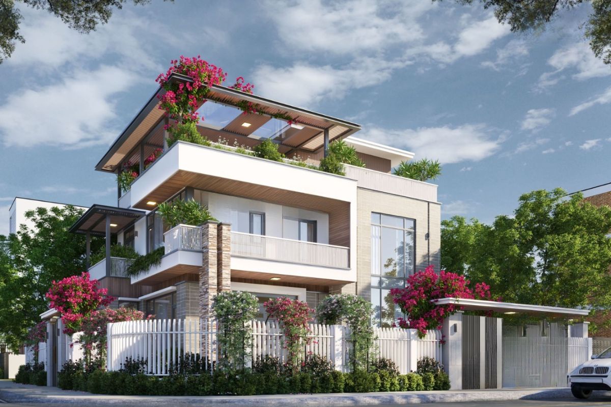 Mẫu biệt thự 2 tầng mái bằng hiện đại đẹp & xu hướng 2026 35 Mẫu biệt thự 2 tầng mái bằng đẹp trên đất góc cần sự đồng bộ giữa hai mặt đứng kiến trúc (Ảnh: Sưu tầm)