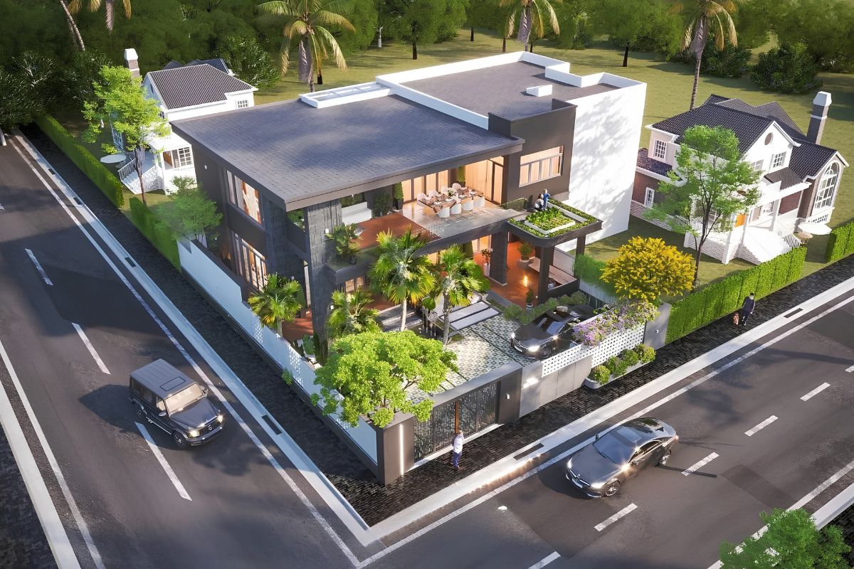 Mẫu biệt thự 2 tầng mái bằng hiện đại đẹp & xu hướng 2026 36 Biệt thự 2 tầng mái bằng sang trọng với 2 mặt tiền giúp công trình nổi bật và gia tăng giá trị sử dụng (Ảnh: Sưu tầm)