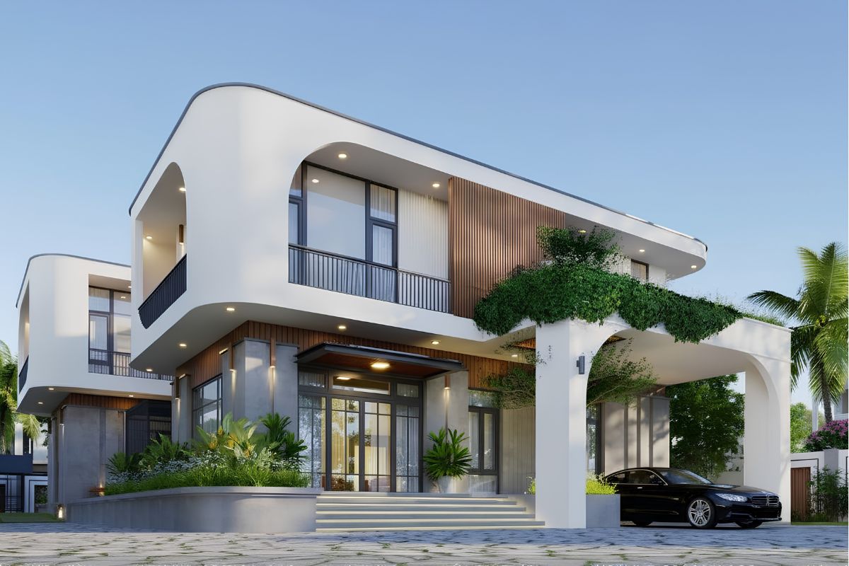 Mẫu biệt thự 2 tầng mái bằng hiện đại đẹp & xu hướng 2026 38 Thiết kế biệt thự 2 tầng mái bằng có gara cần tính toán lối ra vào, độ dốc nền và sự hài hòa mặt tiền (Ảnh: Sưu tầm)
