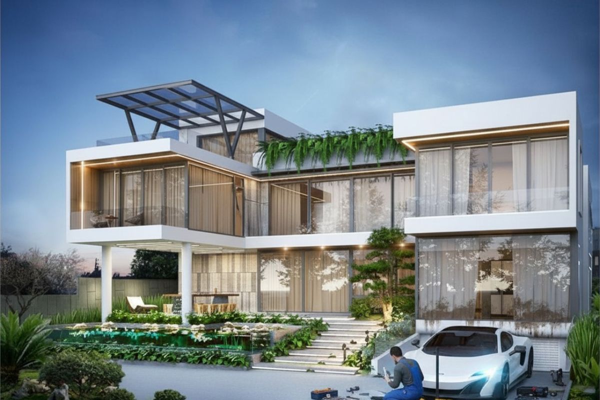 Mẫu biệt thự 2 tầng mái bằng hiện đại đẹp & xu hướng 2026 39 Biệt thự mái bằng 2 tầng có gara phù hợp với nhà phố, biệt thự vườn và các khu dân cư cao cấp (Ảnh: Sưu tầm)