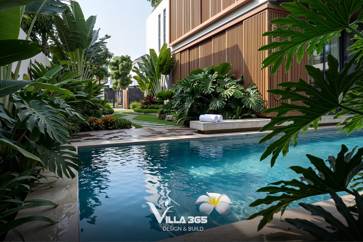 Khu vườn sử dụng các loại cây đặc trưng vùng nhiệt đới như trầu bà lá xẻ lớn, cây chuối rẻ quạt và các khóm cây bụi rực rỡ 