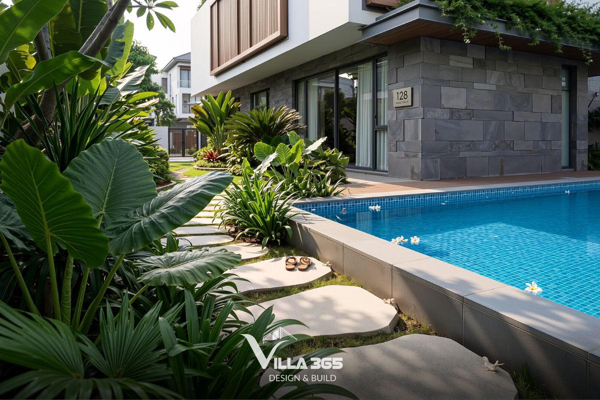 Đường dạo sân vườn được lát các phiến đá thô xen kẽ giữa thảm cỏ xanh mượt 
