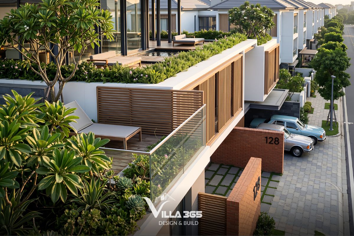 Khu vực sàn gỗ rộng tầng thượng đặt các bộ sofa, ghế lười ngoài trời hướng tầm nhìn ra không gian thoáng đãng xung quanh 