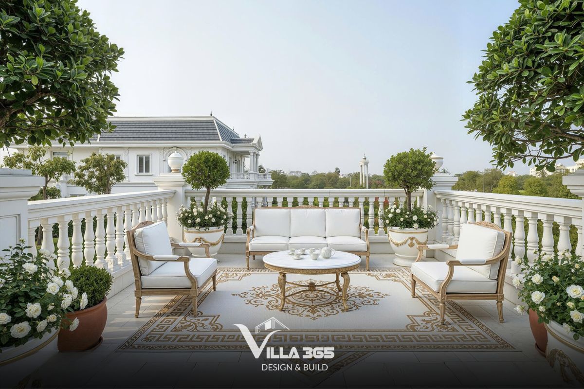 Thiết kế nội thất Flora Villa - Tổ ấm nhã nhặn mang hơi thở đồng quê Ý 8 Những bụi hoa hồng trắng đan xen giúp ban công thêm phần lãng mạn