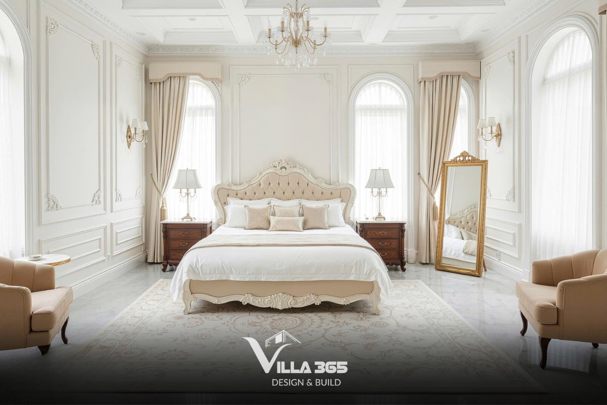 Thiết kế nội thất Flora Villa - Tổ ấm nhã nhặn mang hơi thở đồng quê Ý 12 Hệ trần thạch cao chia ô vuông kết hợp phào chỉ tỉ mỉ, treo đèn chùm nến pha lê đem lại bầu không khí sang trọng