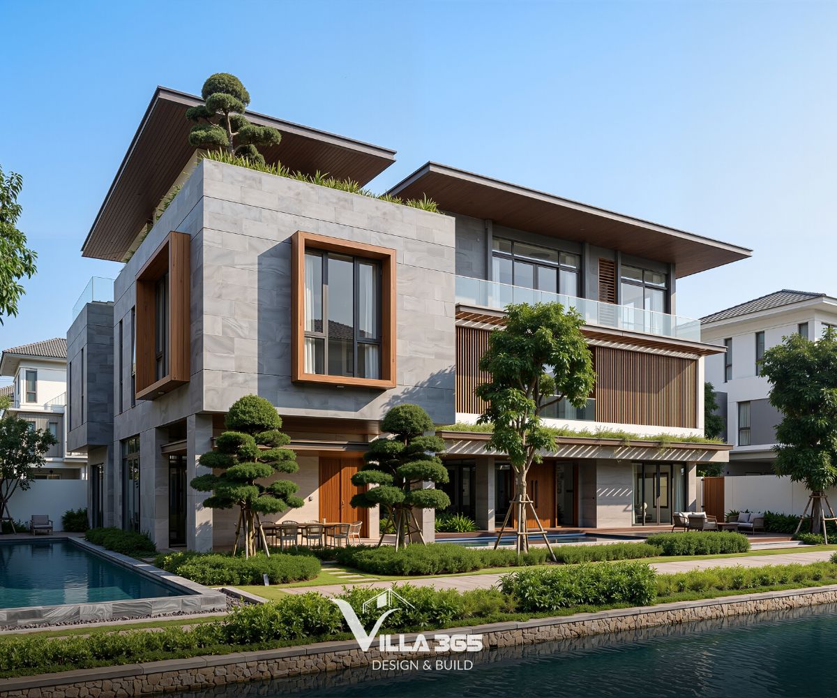 Hà Thanh Villa - Biệt thự ngoại ô với thiết kế mở, hòa trộn cùng cảnh quan sông nước 2 Ngôn ngữ kiến trúc hiện đại được thể hiện qua những mảng khối gọn gàng, đường nét tinh giản và vật liệu gần gũi