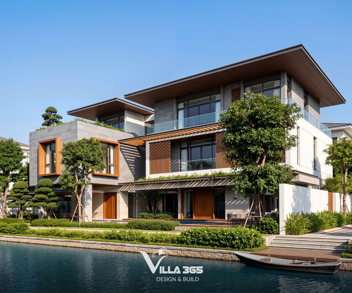 Hà Thanh Villa - Biệt thự ngoại ô với thiết kế mở, hòa trộn cùng cảnh quan sông nước 3 Sắc xám của đá ốp kết hợp cùng hệ lam gỗ tạo nên bảng vật liệu cân bằng giữa tính hiện đại và hơi thở tự nhiên