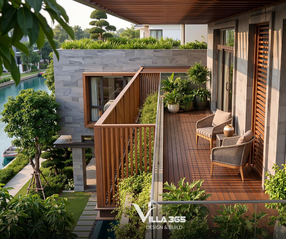 Hà Thanh Villa - Biệt thự ngoại ô với thiết kế mở, hòa trộn cùng cảnh quan sông nước 5 Ban công bố trí ghế mây và bàn trà để gia chủ ngắm cảnh và thư giãn