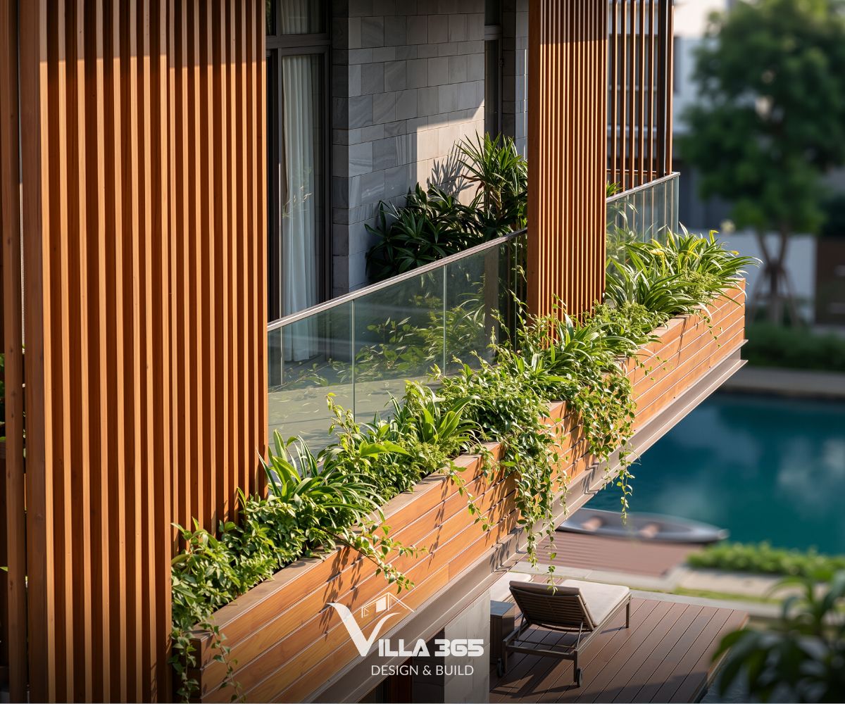 Hà Thanh Villa - Biệt thự ngoại ô với thiết kế mở, hòa trộn cùng cảnh quan sông nước 6 Bồn cây dài bằng gỗ tích hợp ban công với các loại cây rủ mềm mại