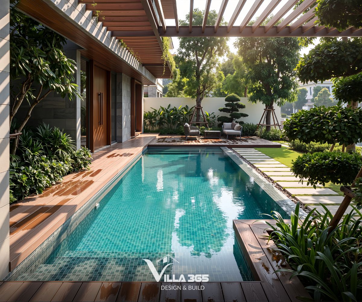 Hà Thanh Villa - Biệt thự ngoại ô với thiết kế mở, hòa trộn cùng cảnh quan sông nước 12 Viền hồ bơi lát gỗ nhựa ngoài trời chống trơn trượt và chịu nước tốt