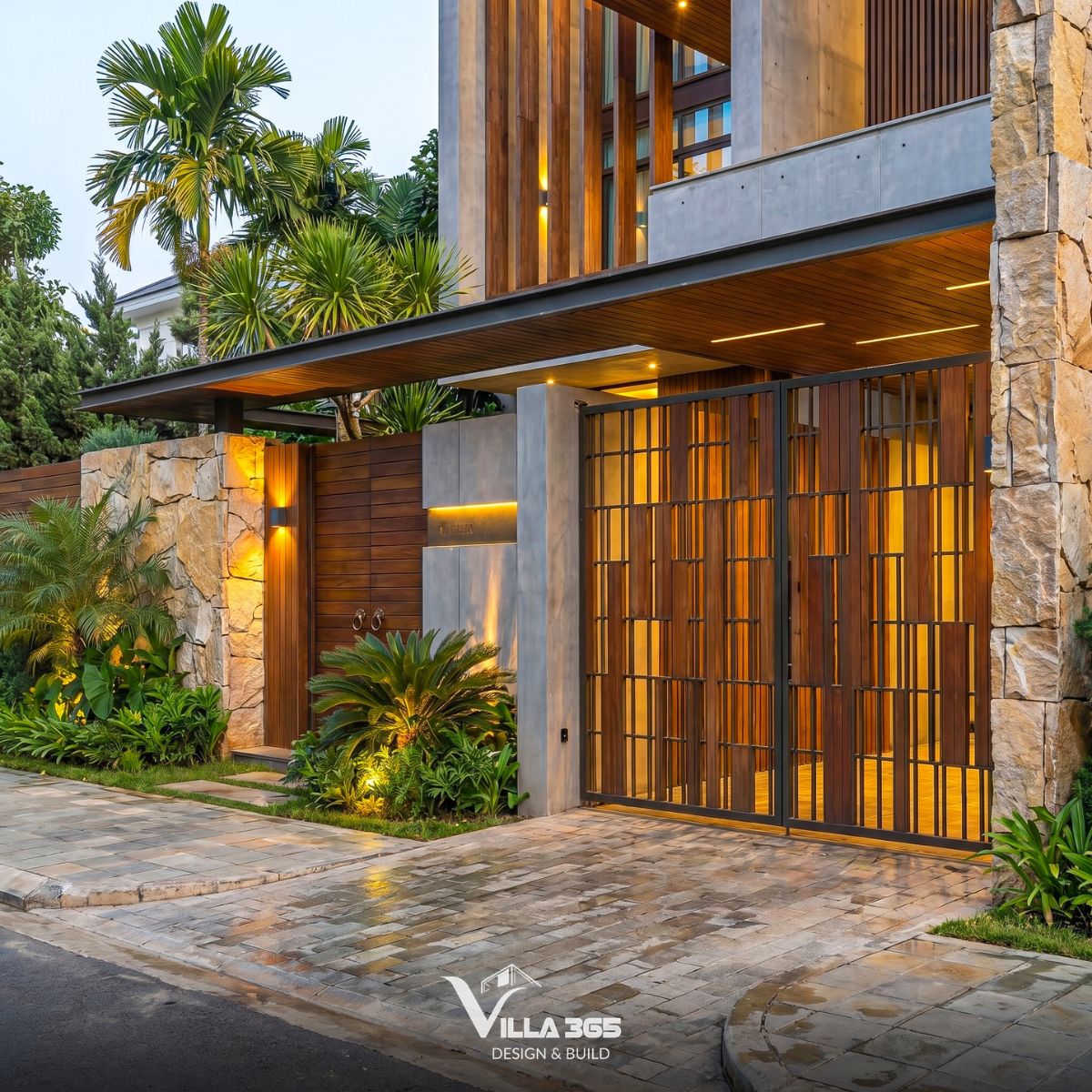 Home Retreat Villa – Ốc đảo bình yên giữa đô thị hiện đại 7 Phần cổng sắt được tạo hình bằng các thanh kim loại dọc có độ dày và khoảng cách bất đối xứng, tạo hiệu ứng thị giác độc đáo