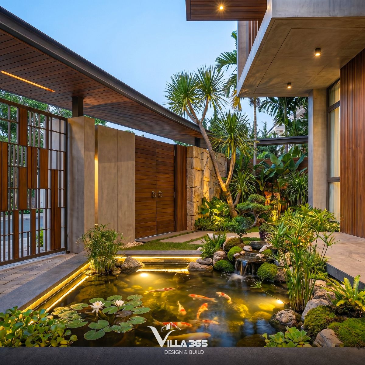 Home Retreat Villa – Ốc đảo bình yên giữa đô thị hiện đại 8 Cửa gỗ kín, tường bê tông mài và mảng tường đá thô mộc từ phía ngoài cổng tiếp tục được kéo dài vào không gian bên trong, tạo tính thống nhất cho toàn bộ công trình