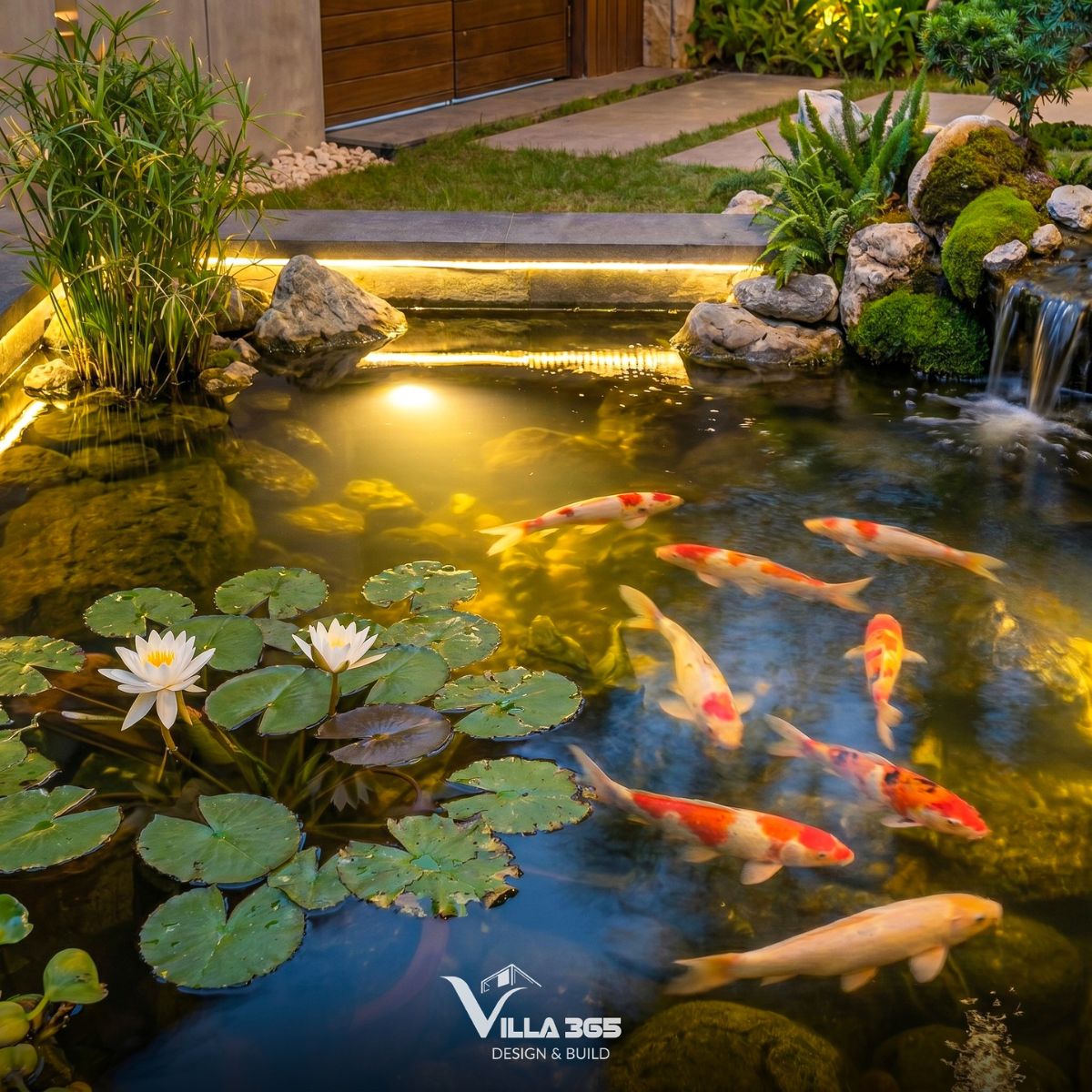 Home Retreat Villa – Ốc đảo bình yên giữa đô thị hiện đại 9 Hồ cá có hoa súng trắng nở rộ, viền hồ trồng các bụi cây thủy trúc và dương xỉ tạo nét mềm mại
