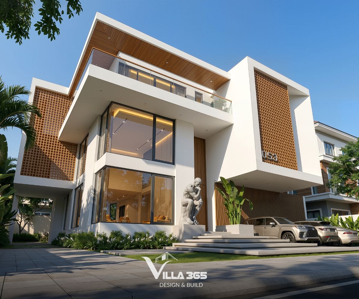 Biệt thự 3 tầng Nghệ Villa - Nghệ thuật thủ công trong hình hài đương đại 3 Bức tượng người đàn ông với dáng vẻ trầm ngâm ở mặt tiền gợi liên tưởng đến tác phẩm điêu khắc lừng danh “The Thinker” (“Người suy tư”)
