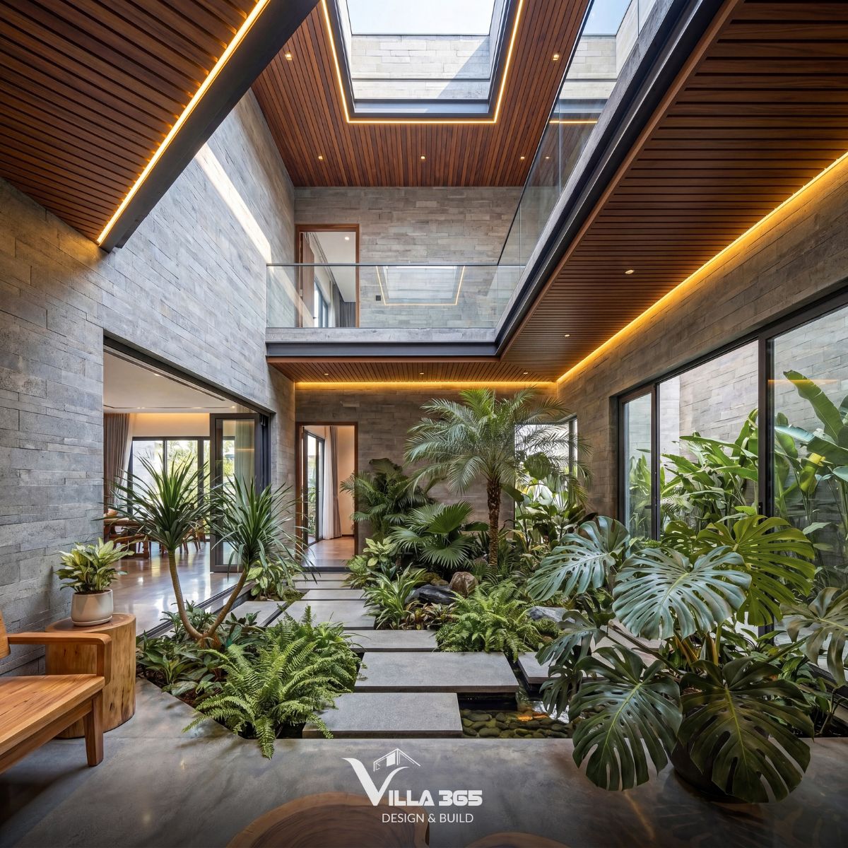 Nguyên Mộc Villa – Khi kiến trúc thuận tự nhiên trở thành giải pháp chống nóng bền vững 4 Giếng trời xuyên suốt từ mái xuống tầng trệt giúp tăng cường thông gió đối lưu, đồng thời đưa ánh sáng tự nhiên len lỏi vào từng không gian chức năng