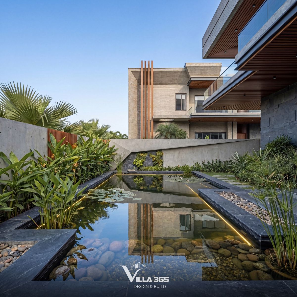 Nguyên Mộc Villa – Khi kiến trúc thuận tự nhiên trở thành giải pháp chống nóng bền vững 5 Hồ nước ở phía sau công trình cũng góp phần điều tiết vi khí hậu, giúp ngôi nhà mát mẻ quanh năm