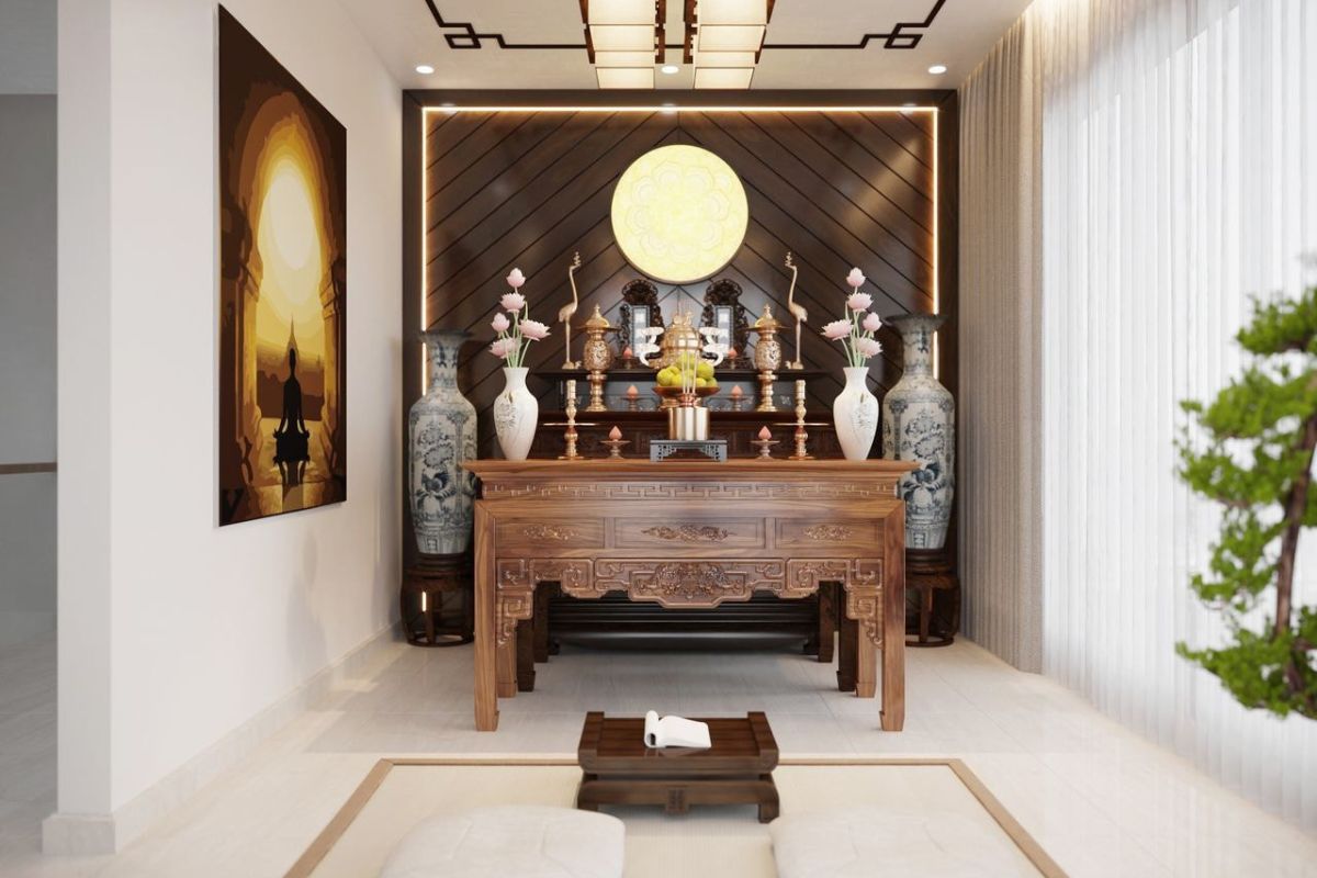 20+ Mẫu thiết kế nội thất biệt thự song lập đẹp & giải pháp tối ưu xu hướng 2026 22 Phòng thờ trong nội thất biệt thự song lập cần được bố trí ở vị trí trang nghiêm, yên tĩnh và phù hợp với nếp sống văn hóa của từng gia đình (Ảnh: Sưu tầm)